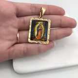 18K Gold Layered Oro Laminado Enamel Our Lady of Guadalupe Square Medal Pendant 31.0089/17