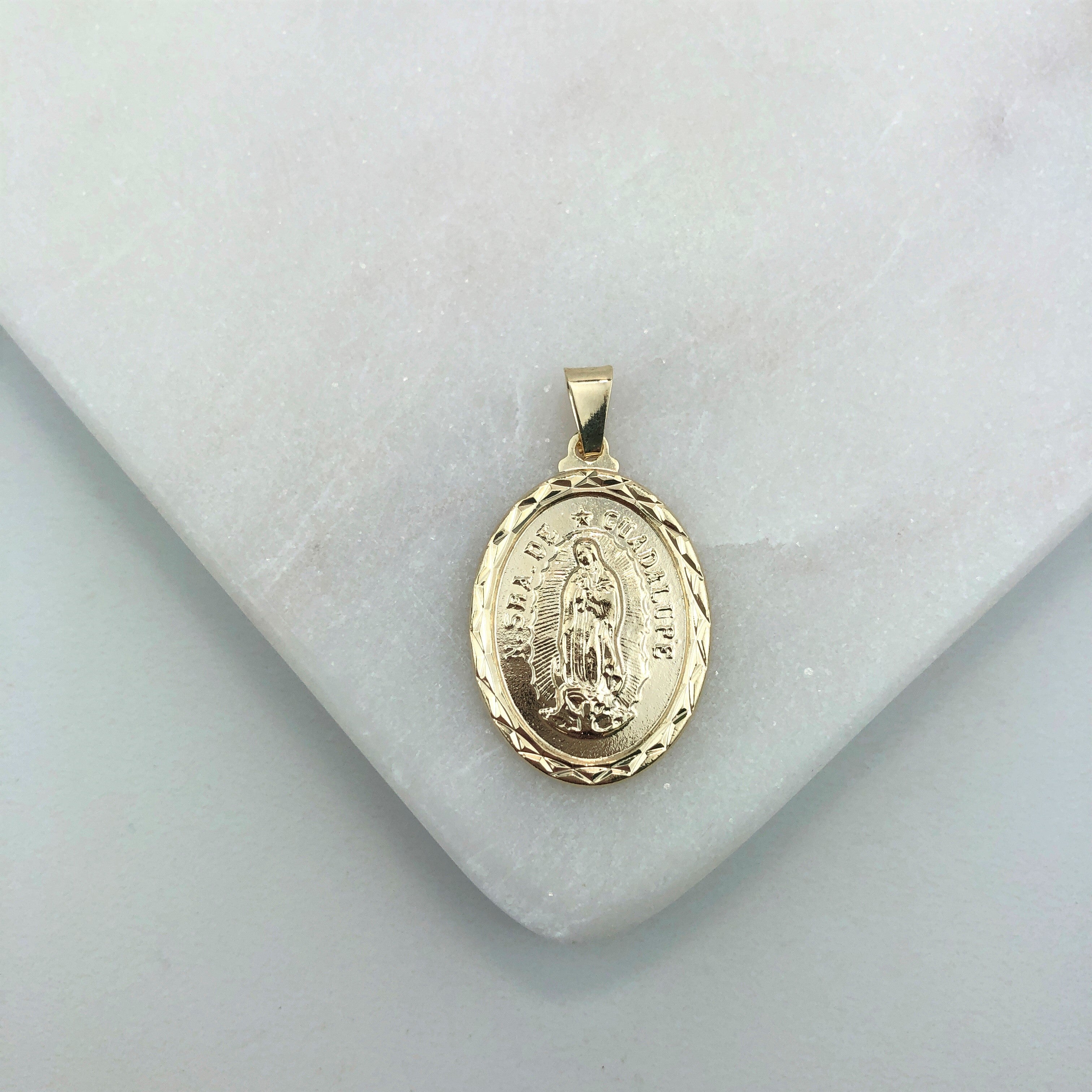 18K Gold Layered Oro Laminado Diamond Cut Our Lady of Guadalupe Oval Medal Pendent 31.0090