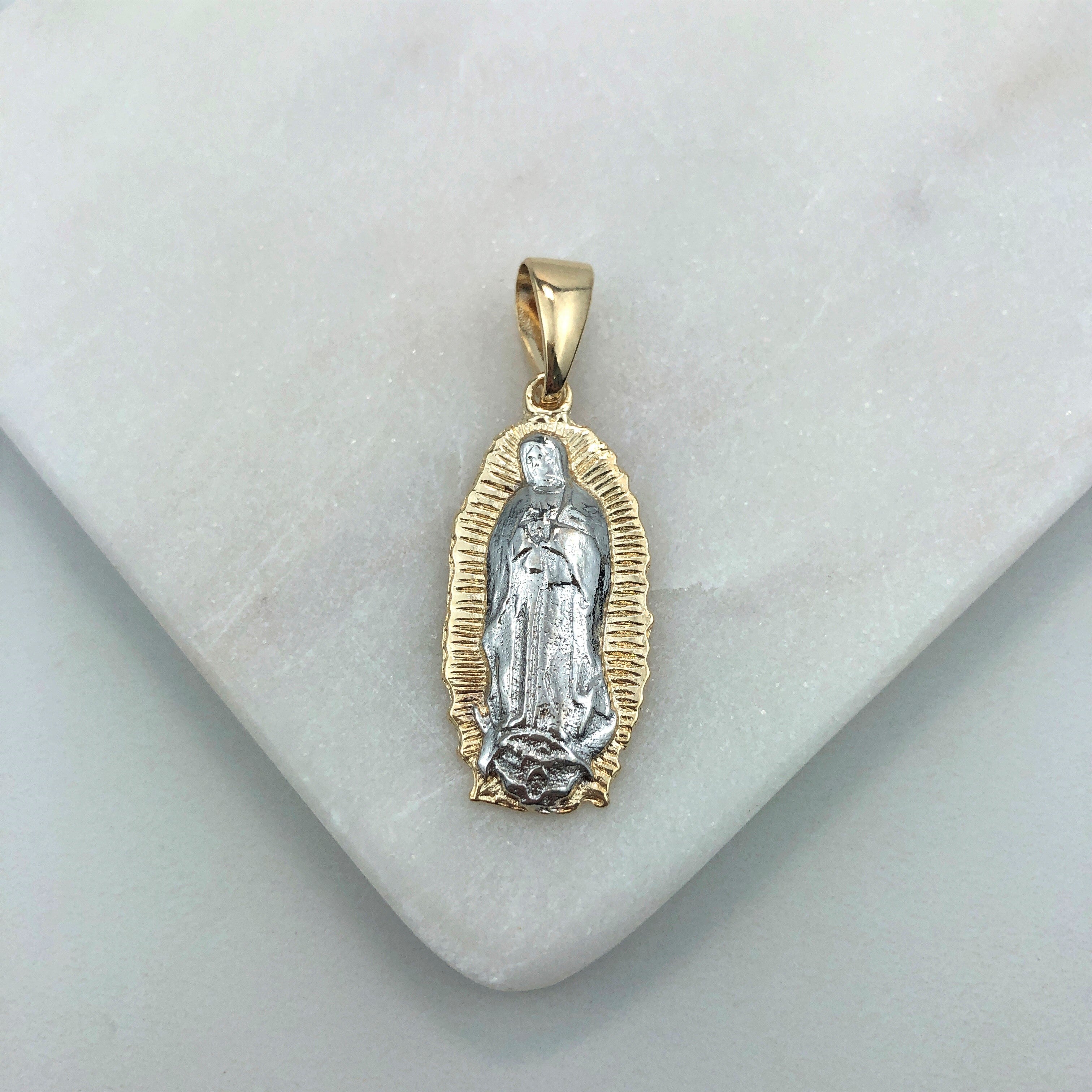 18K Gold Layered Oro Laminado Two Tone Texturized Our Lady of Guadalupe Oval Pendant 31.0095