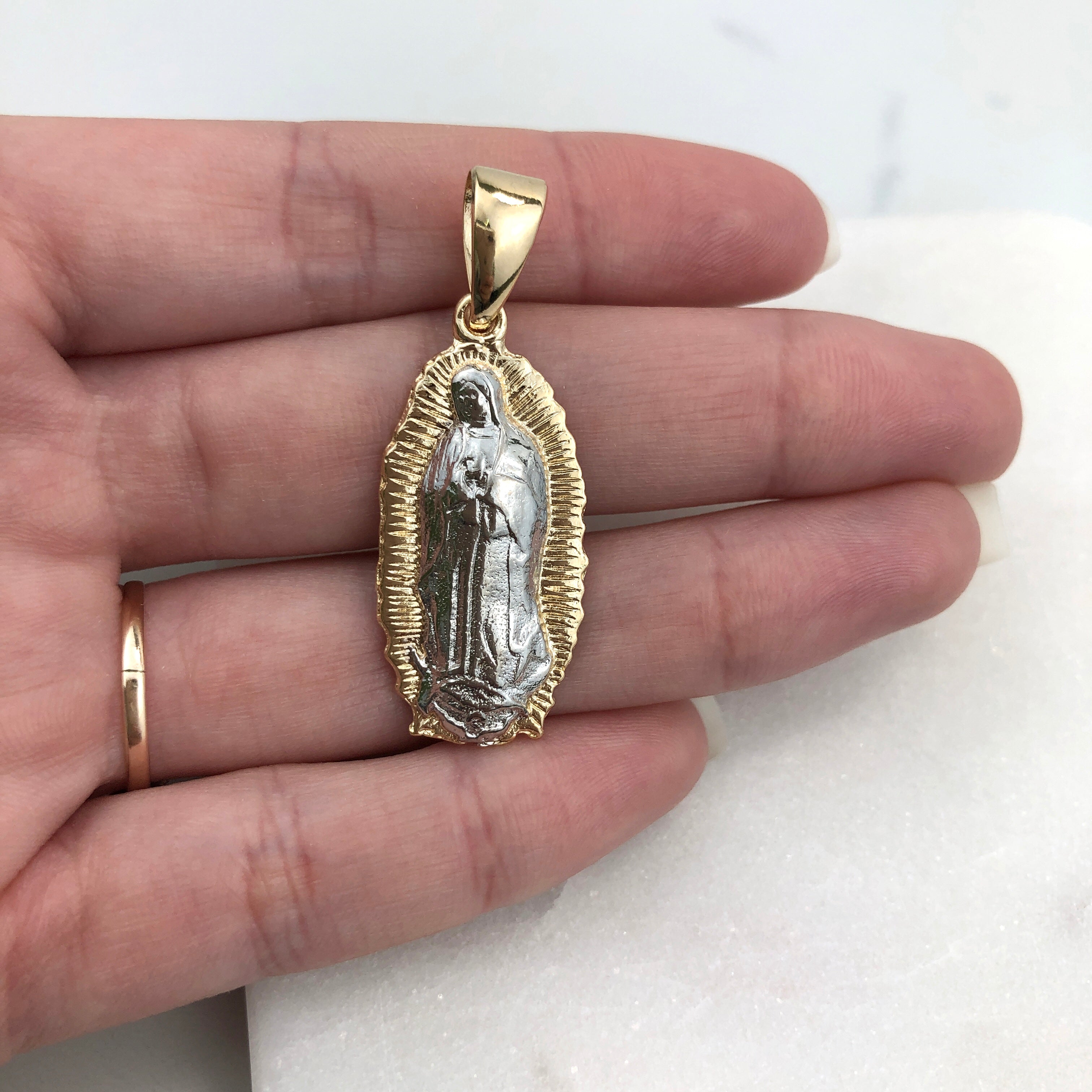 18K Gold Layered Oro Laminado Two Tone Texturized Our Lady of Guadalupe Oval Pendant 31.0095