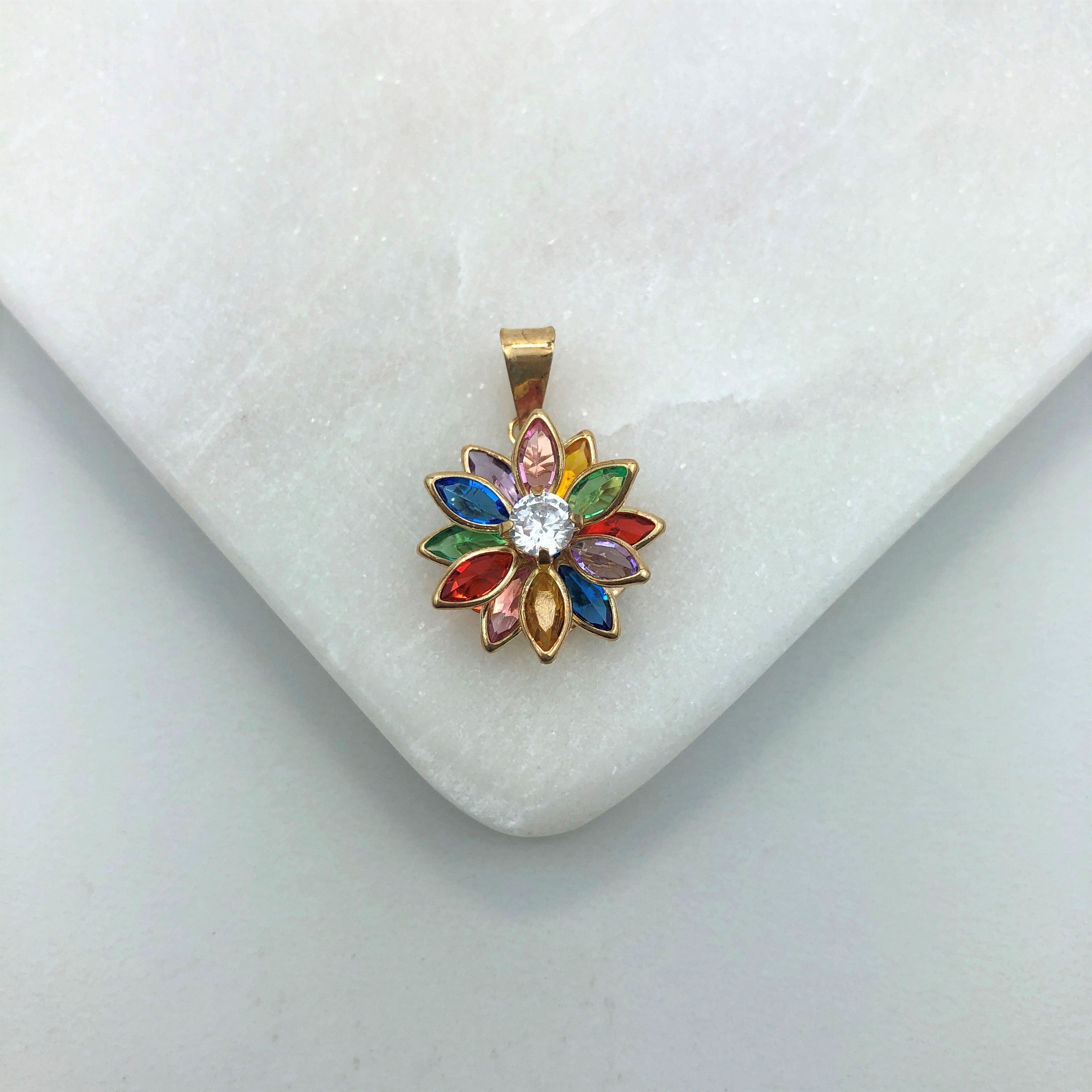18K Gold Layered Oro Laminado Clear Cubic Zirconia Center with Assorted Marquise Rhinestone Flower Design Pendant 31.0098/2/3/7/17/30/92