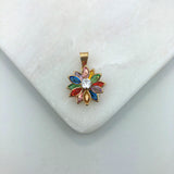 18K Gold Layered Oro Laminado Clear Cubic Zirconia Center with Assorted Marquise Rhinestone Flower Design Pendant 31.0098/2/3/7/17/30/92