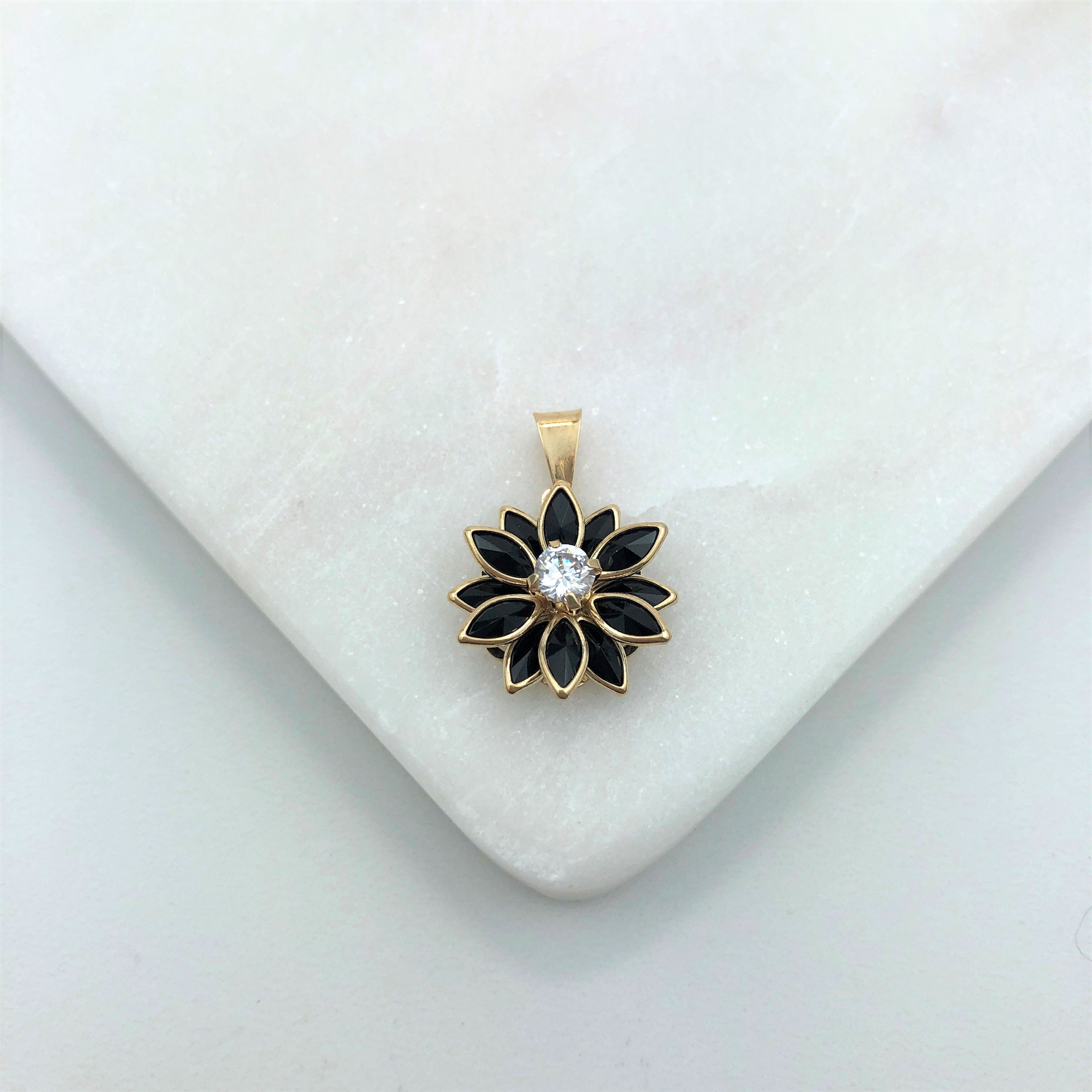 18K Gold Layered Oro Laminado Clear Cubic Zirconia Center with Assorted Marquise Rhinestone Flower Design Pendant 31.0098/2/3/7/17/30/92
