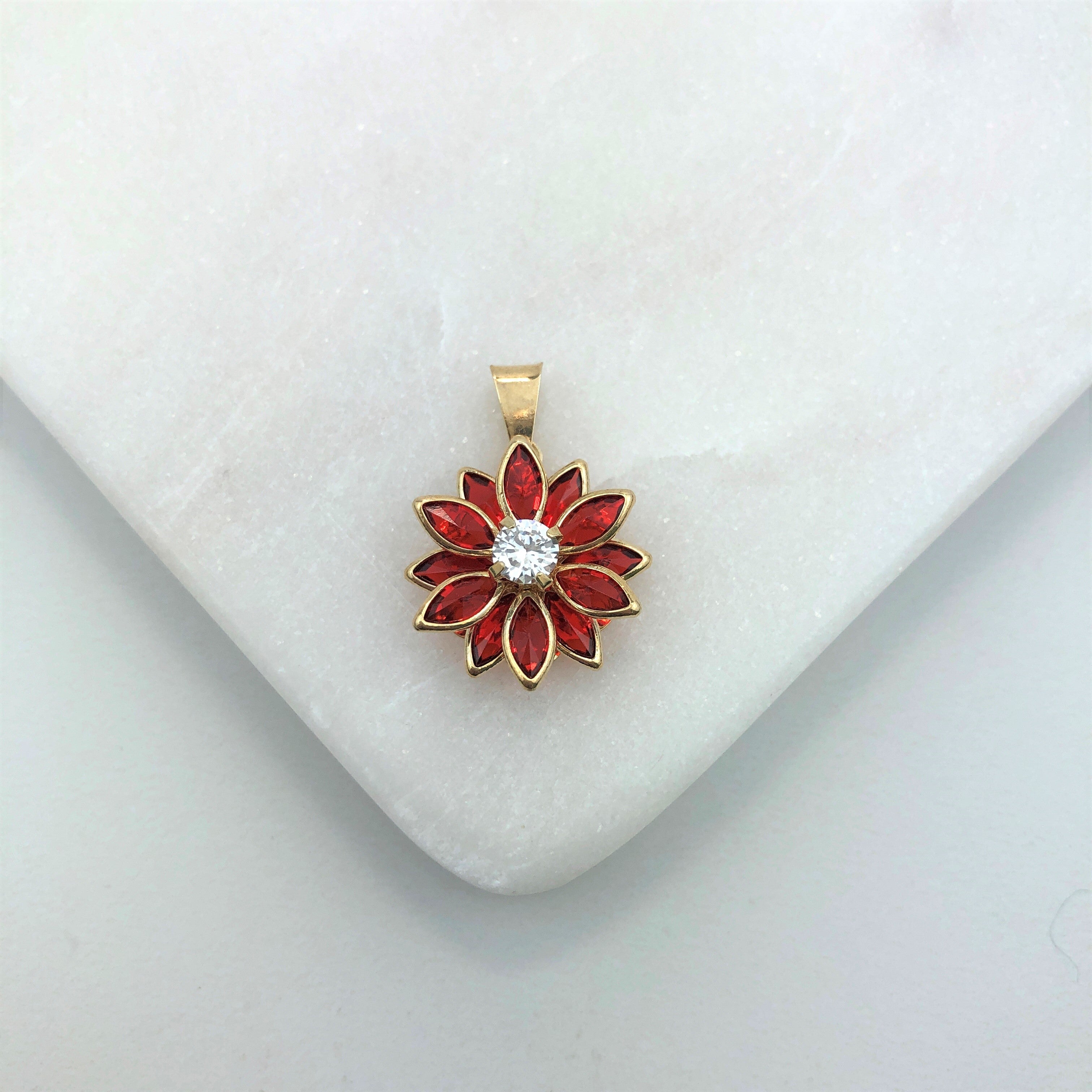 18K Gold Layered Oro Laminado Clear Cubic Zirconia Center with Assorted Marquise Rhinestone Flower Design Pendant 31.0098/2/3/7/17/30/92