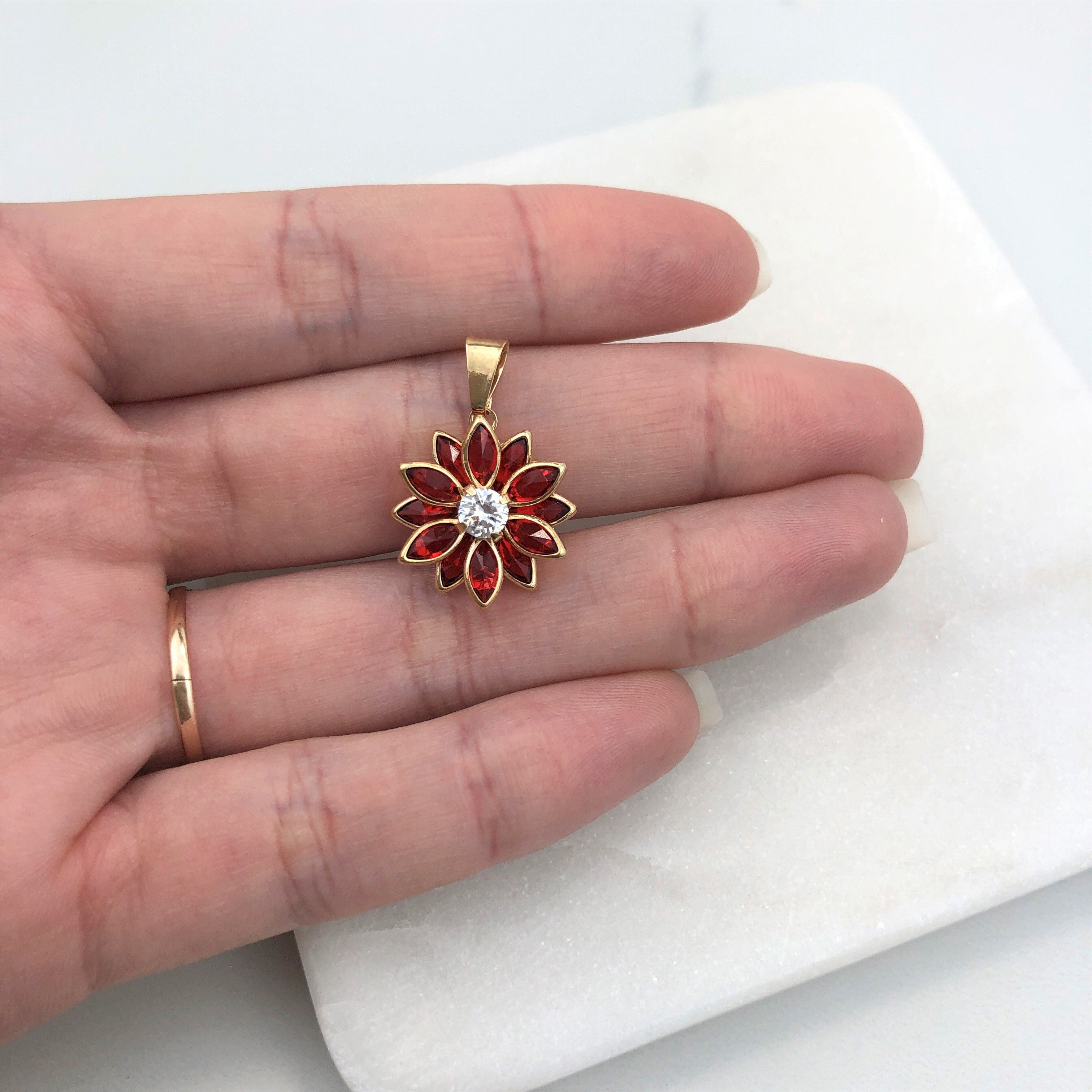 18K Gold Layered Oro Laminado Clear Cubic Zirconia Center with Assorted Marquise Rhinestone Flower Design Pendant 31.0098/2/3/7/17/30/92