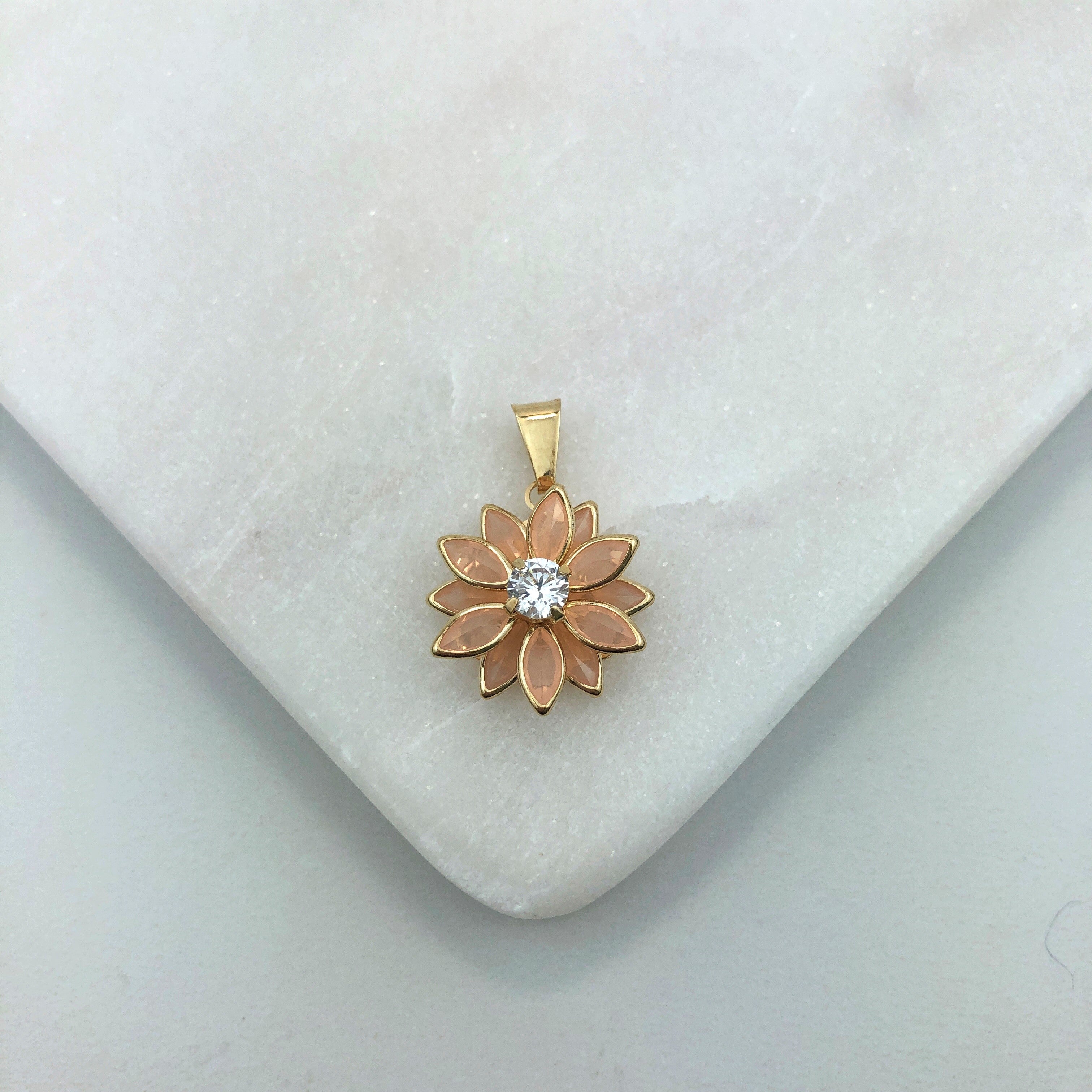18K Gold Layered Oro Laminado Clear Cubic Zirconia Center with Assorted Marquise Rhinestone Flower Design Pendant 31.0098/2/3/7/17/30/92