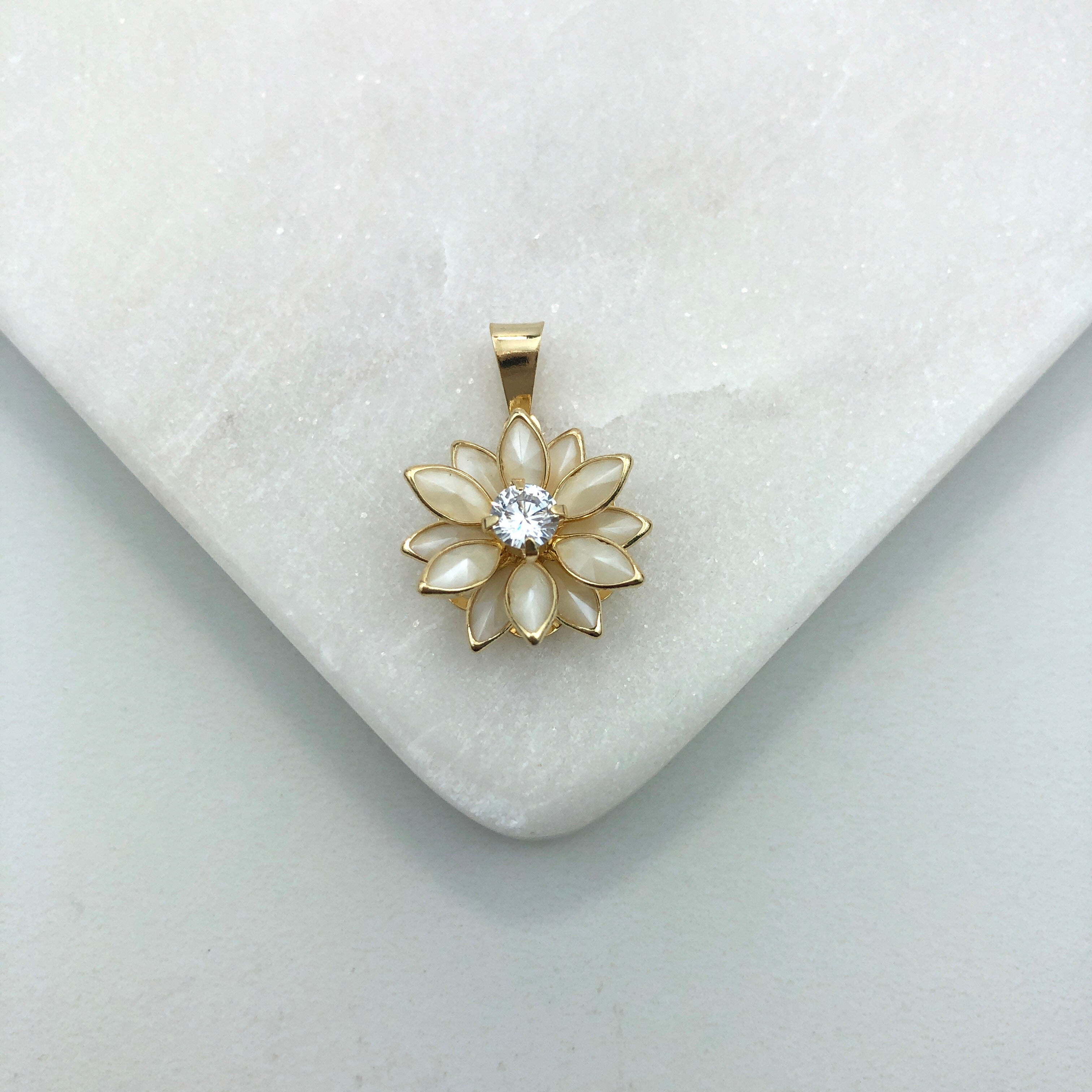 18K Gold Layered Oro Laminado Clear Cubic Zirconia Center with Assorted Marquise Rhinestone Flower Design Pendant 31.0098/2/3/7/17/30/92