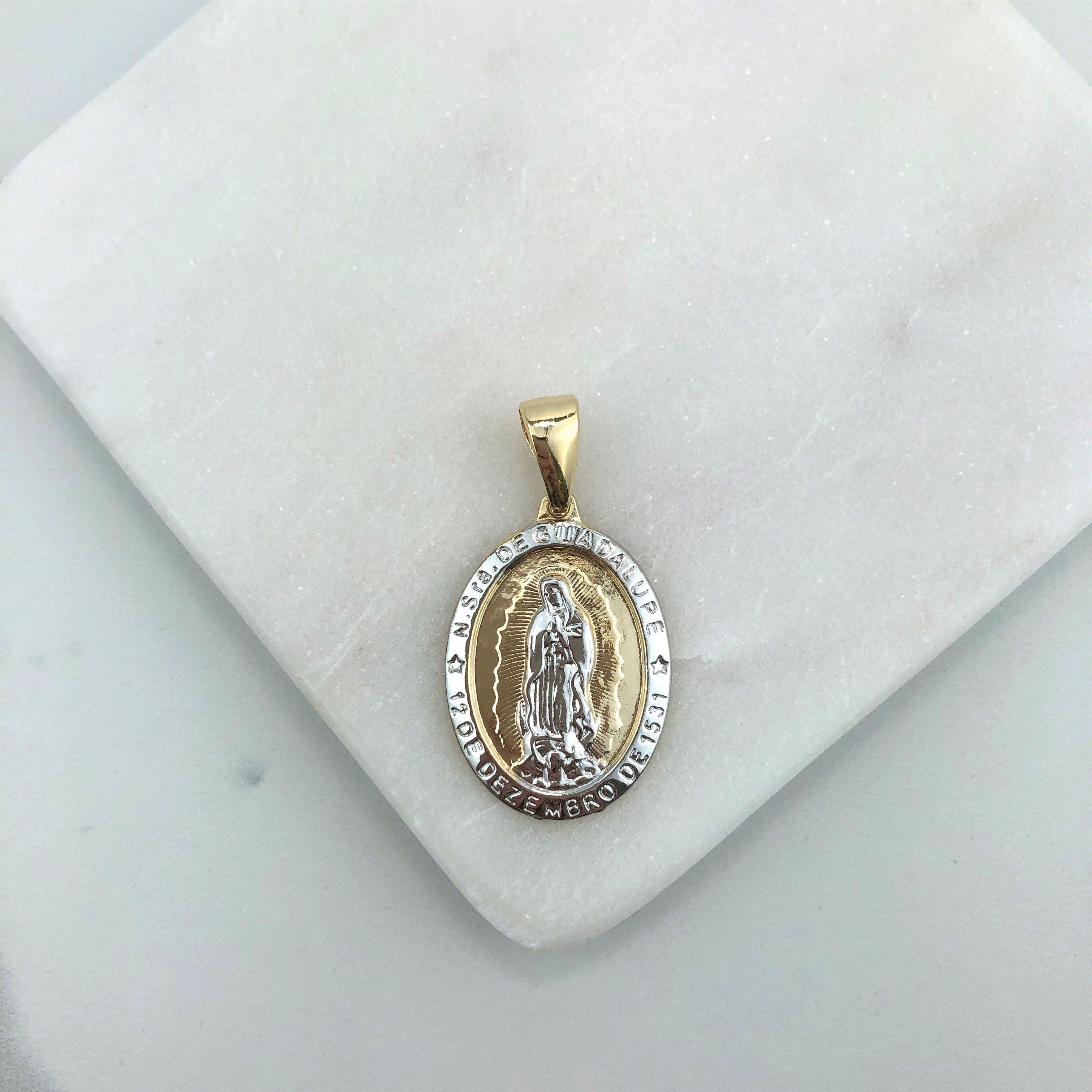18K Gold Layered Oro Laminado 42mm Two Tone Our Lady of Guadalupe Oval Medal Pendant 31.0115