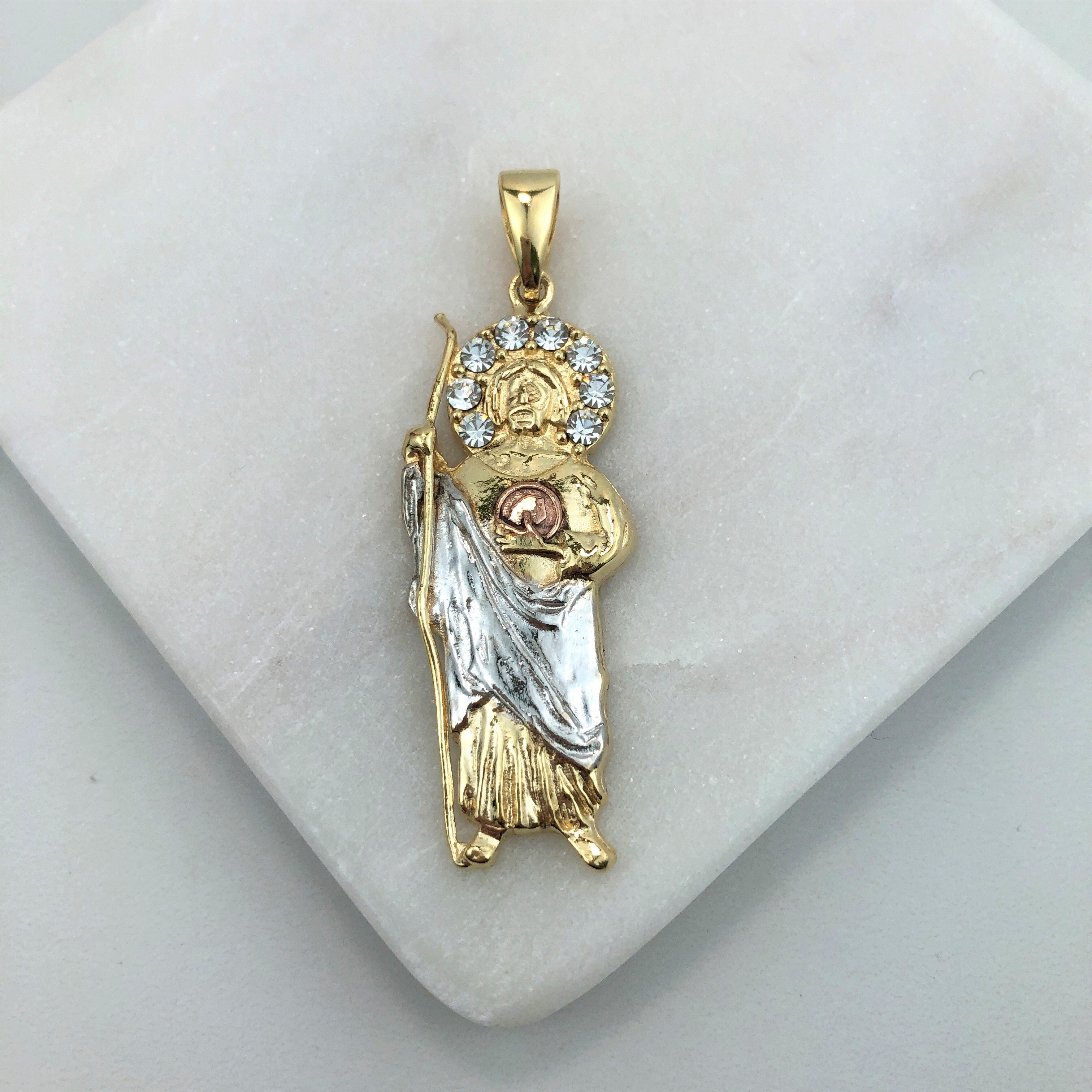 18K Gold Layered Oro Laminado 61mm Clear CZ Tri-Tone Saint Judas Pendant (Bulto) 31.0127/1