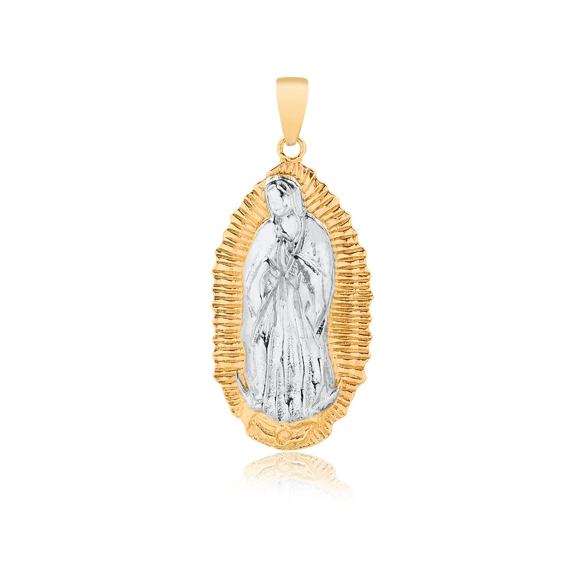 18K Gold Layered Oro Laminado Two Tone Texturized Our Lady of Guadalupe Medal Pendant 31.0128