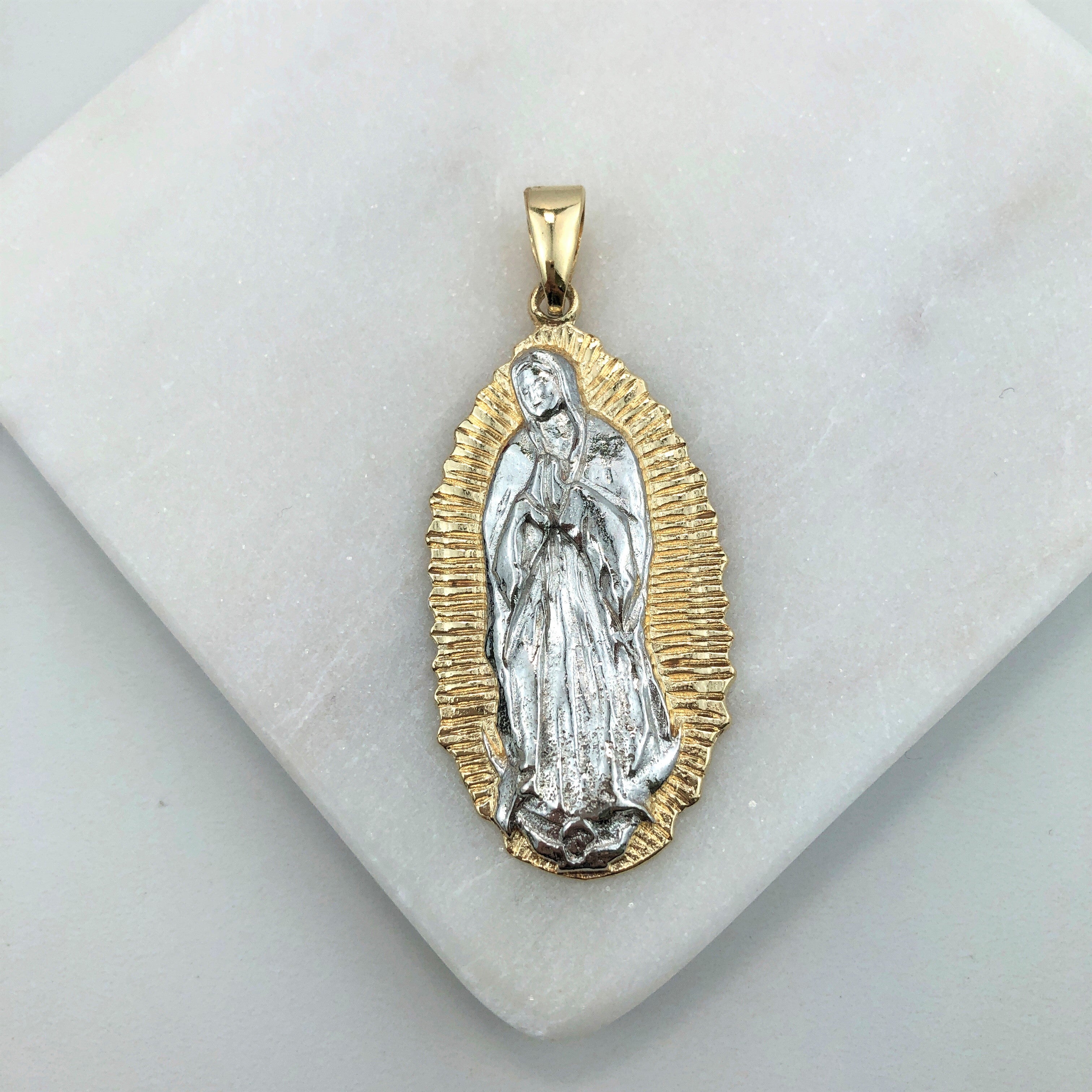 18K Gold Layered Oro Laminado Two Tone Texturized Our Lady of Guadalupe Medal Pendant 31.0128