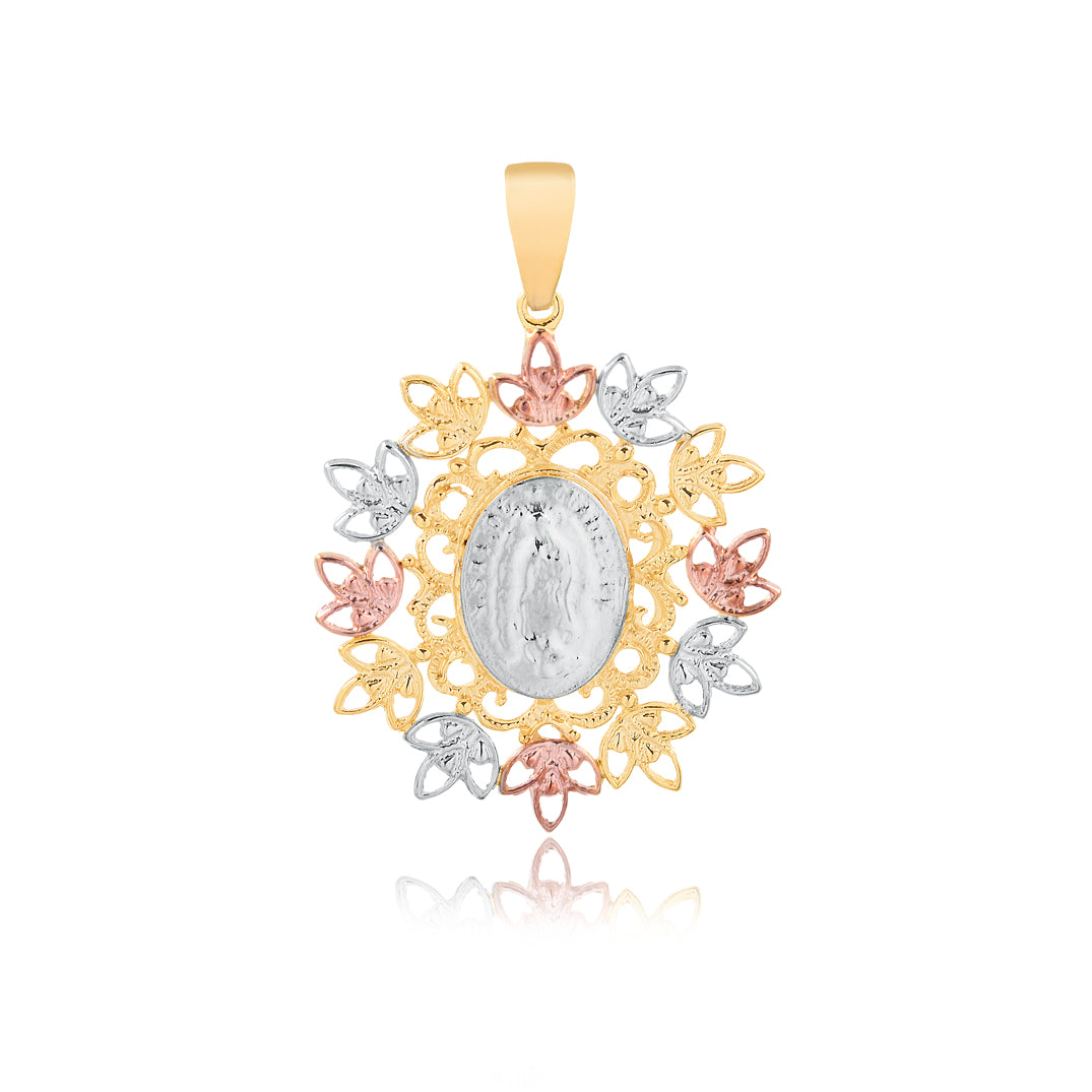 18K Gold Layered Oro Laminado Tri-Tone Cut Out Flower Design Our Lady of Guadalupe Pendant 31.0129