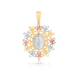18K Gold Layered Oro Laminado Tri-Tone Cut Out Flower Design Our Lady of Guadalupe Pendant 31.0129