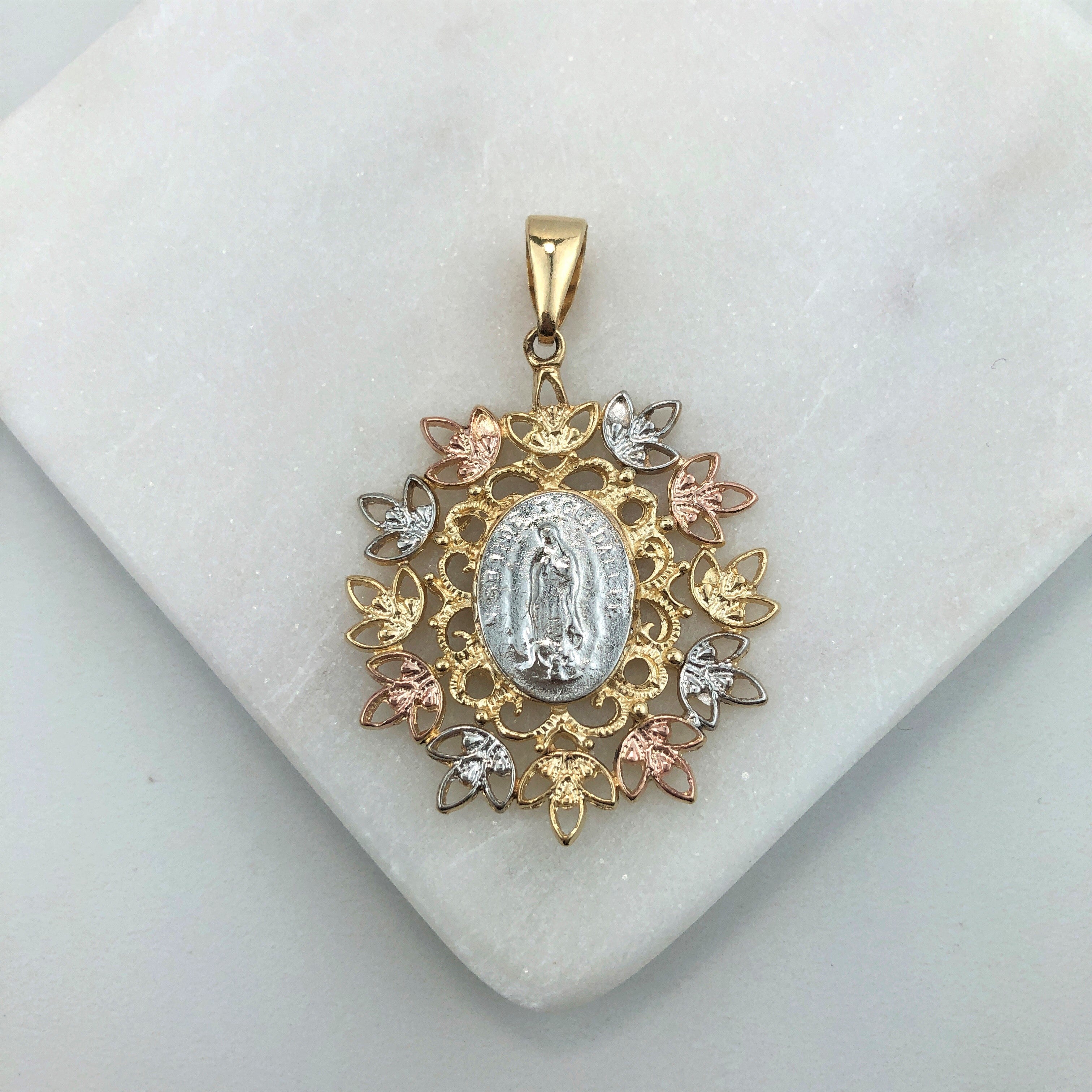 18K Gold Layered Oro Laminado Tri-Tone Cut Out Flower Design Our Lady of Guadalupe Pendant 31.0129