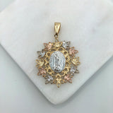 18K Gold Layered Oro Laminado Tri-Tone Cut Out Flower Design Our Lady of Guadalupe Pendant 31.0129