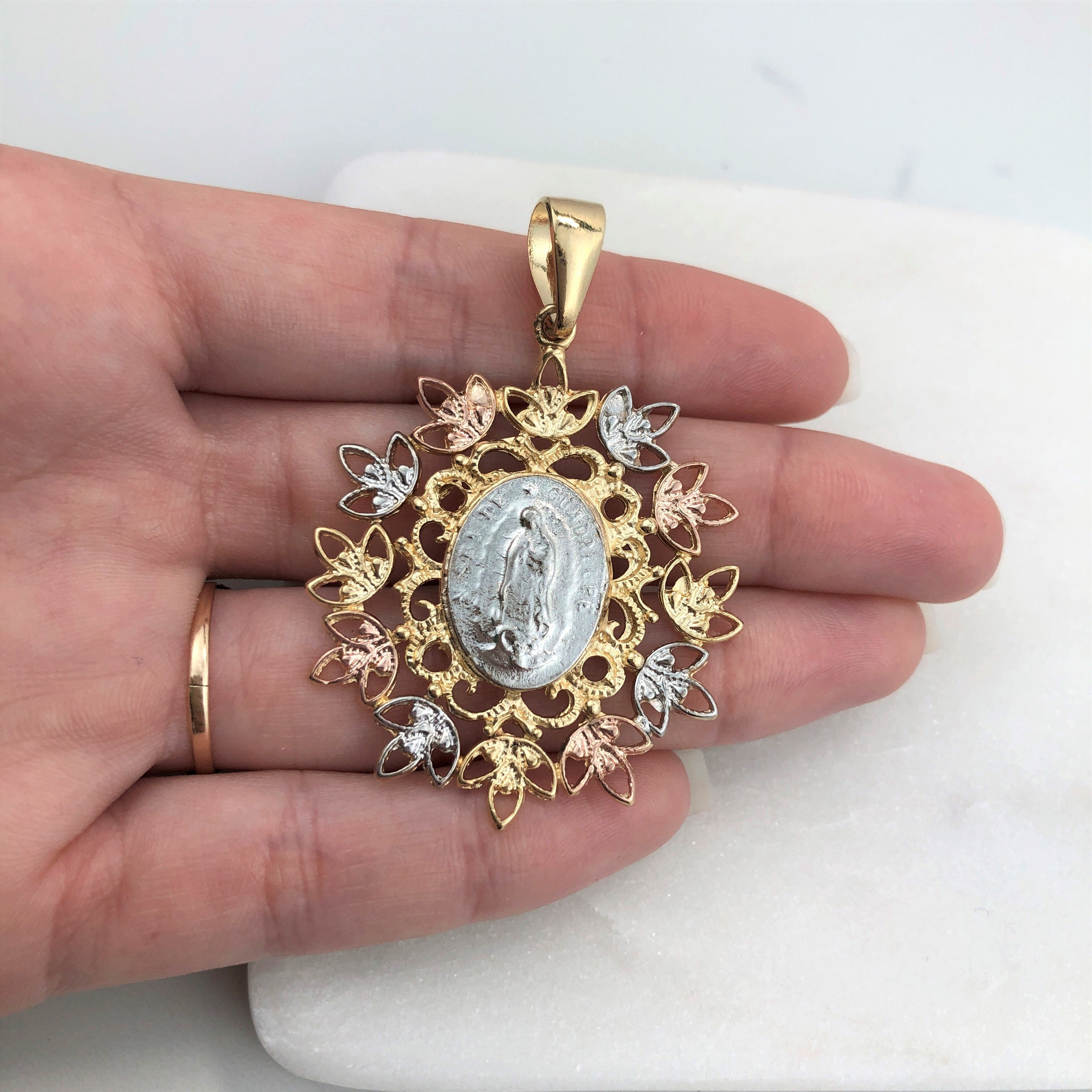 18K Gold Layered Oro Laminado Tri-Tone Cut Out Flower Design Our Lady of Guadalupe Pendant 31.0129