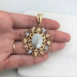 18K Gold Layered Oro Laminado Tri-Tone Cut Out Flower Design Our Lady of Guadalupe Pendant 31.0129