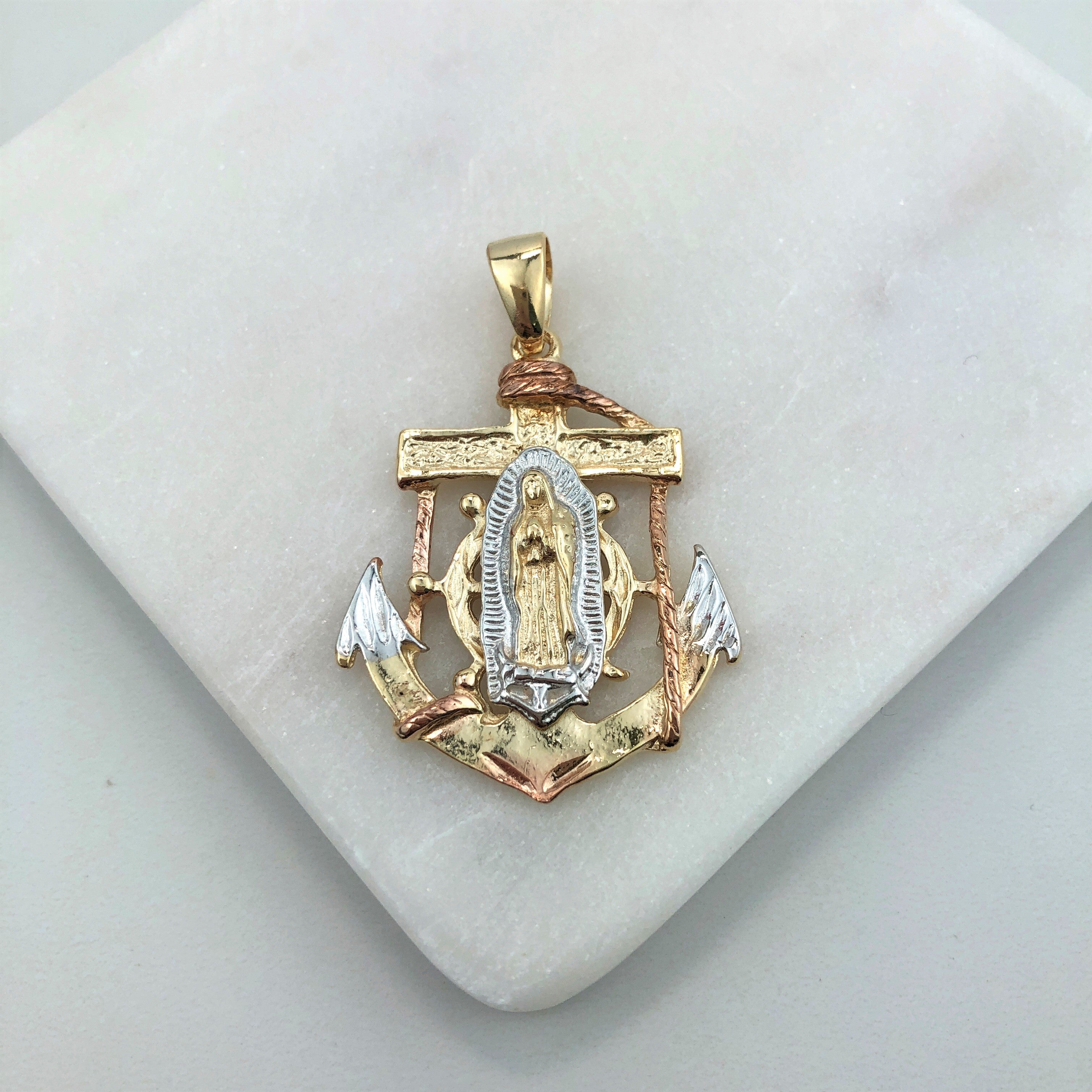 18K Gold Layered Oro Laminado Tri-Tone Anchor Our Lady of Guadalupe Pendant 31.0130