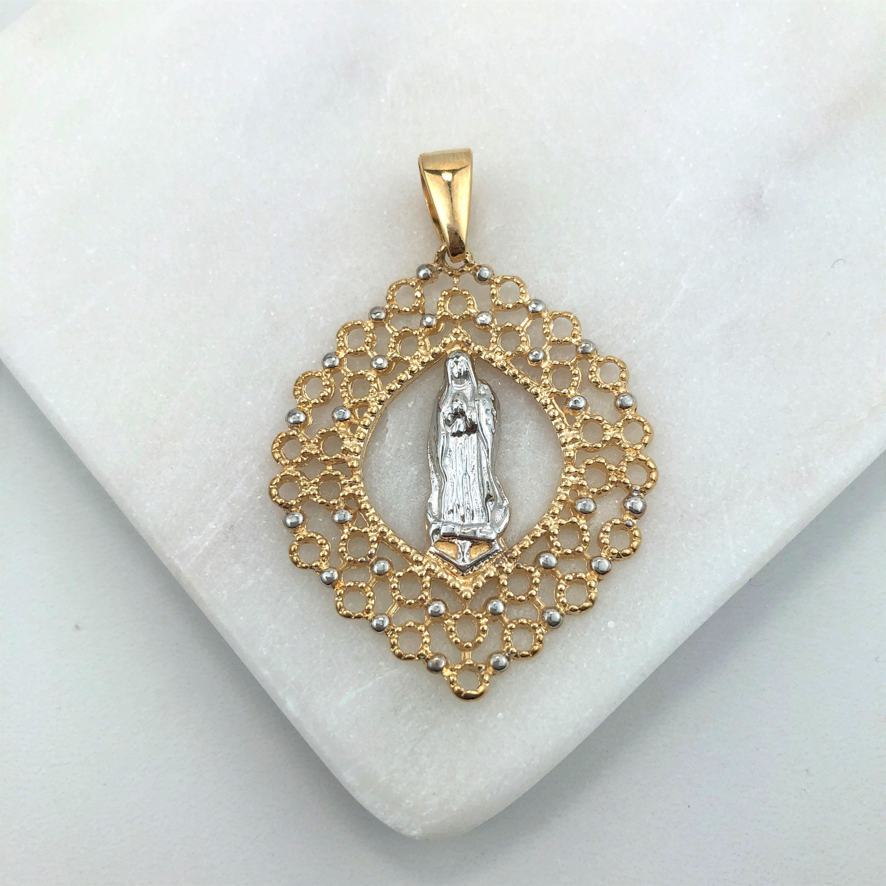 18K Gold Layered Oro Laminado Two-Tone Cut Out Design Our Lady of Guadalupe Pendant 31.0131