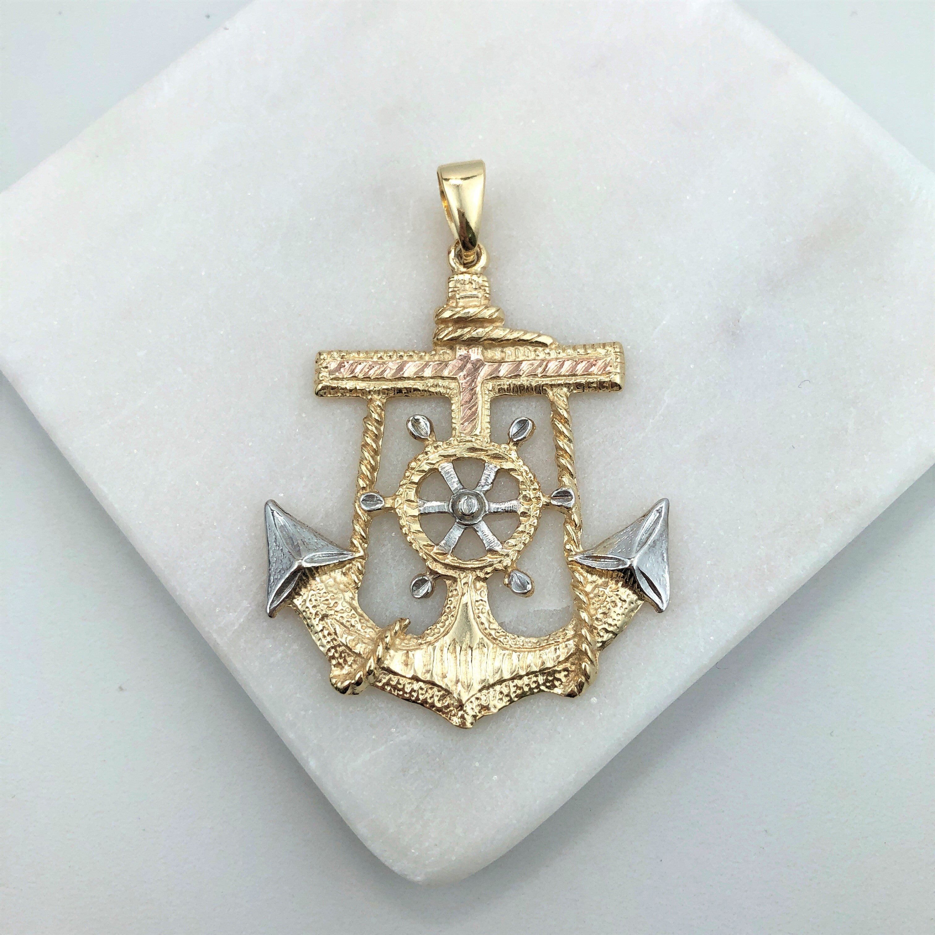 18K Gold Layered Oro Laminado Tri-Tone Texturized Anchor Pendant 31.0132