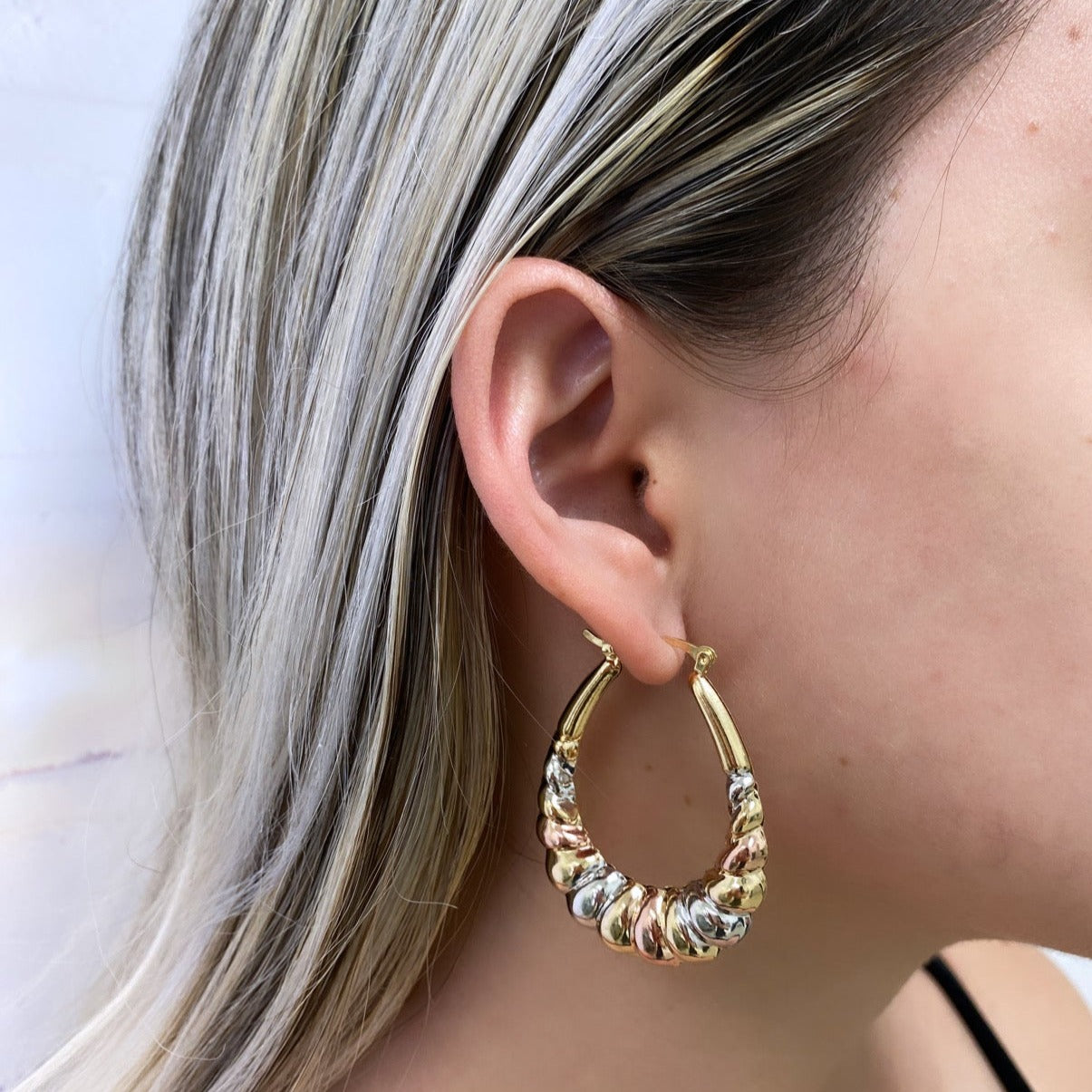 18K Gold Layered Oro Laminado 35 mm Tri-Tone Croissant Hoops 21.0304 Wholesale