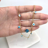 18K Gold Layered Oro Laminado with Blue Bead Evil Eye and Enamel Evil Eye Charms in Double Layered Necklace: 16 Inches Snake Chain and 17 Inches Figaro Chain. Code: 71.1082/17-16