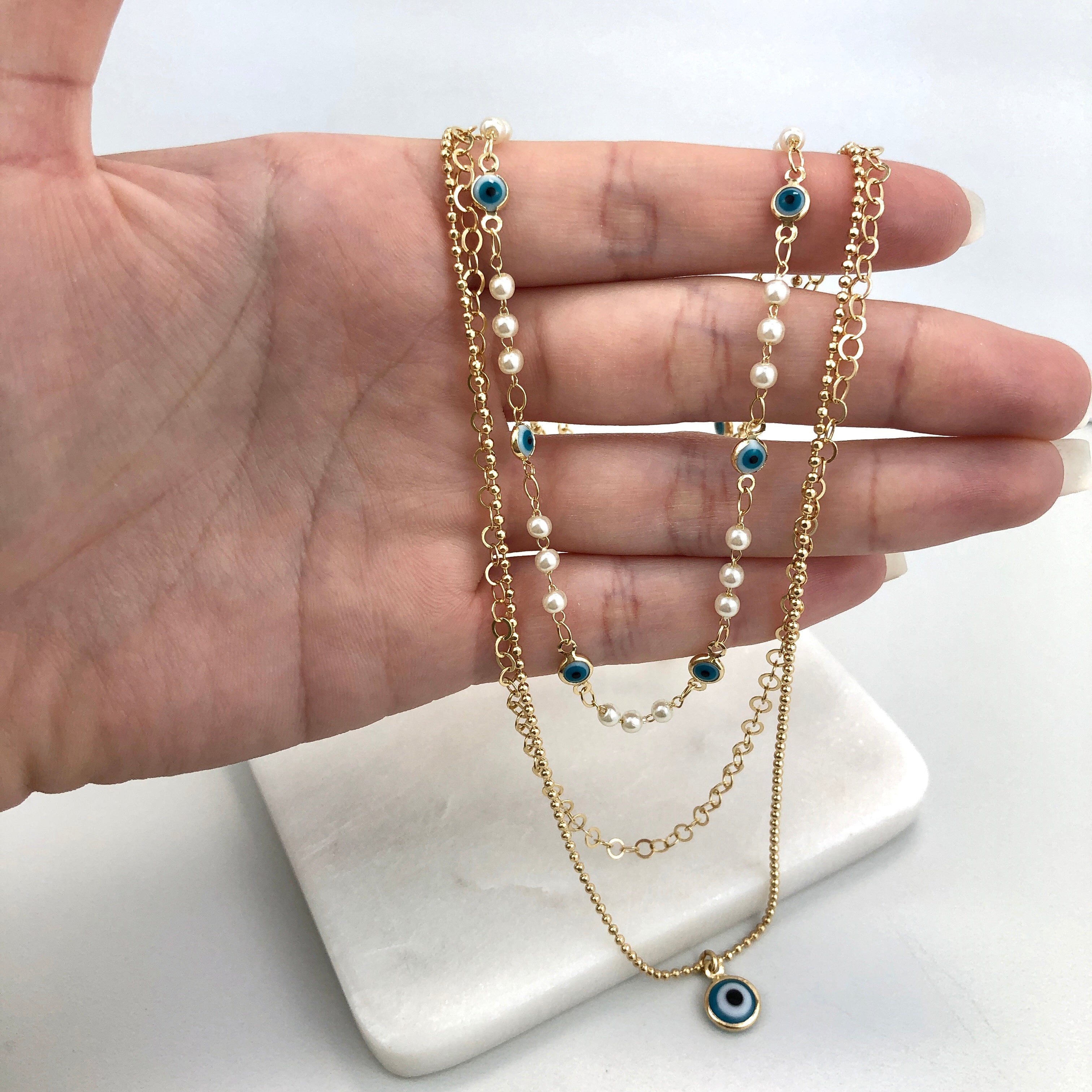 18K Gold Layered Oro Laminado Beaded Pearls Evil Eyes Charms Chain, Oval Link Chain and Bead Ball Link Chain with Evil Eyes Charm, 03 Layers Lucky and Protection Necklace 71.1083/6-15