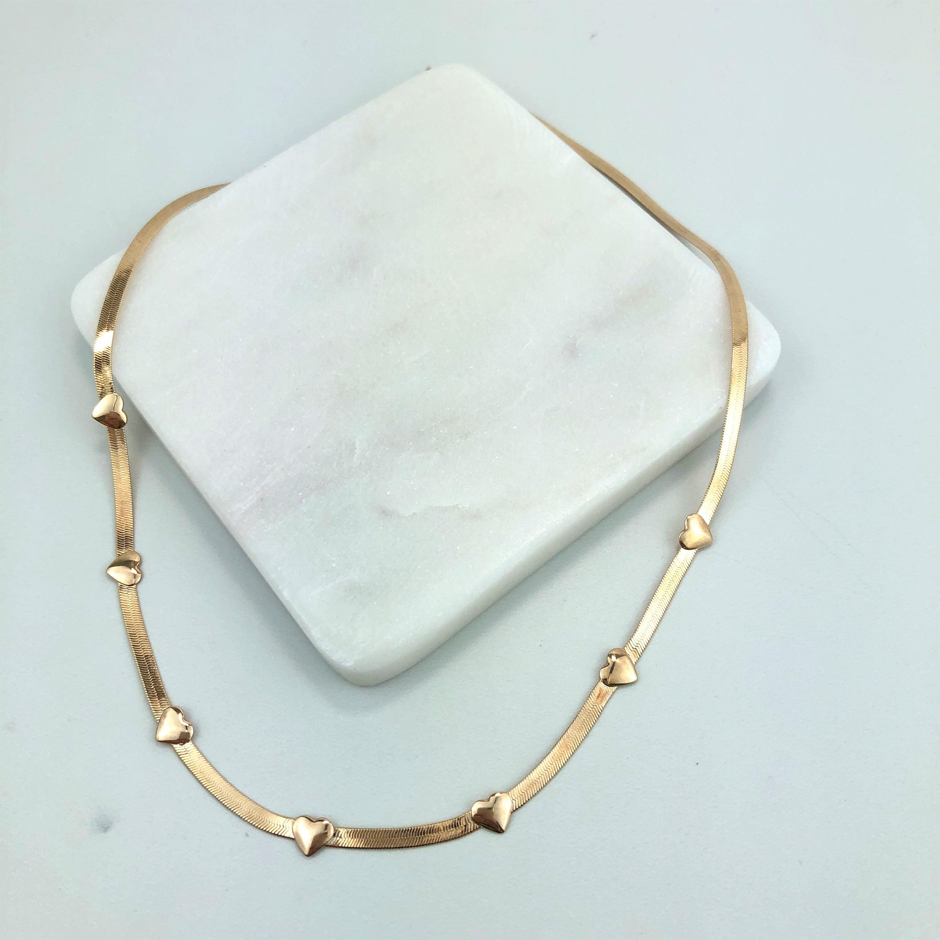 18K Gold Layered Oro Laminado Snake Herringbone Chain with Hearts Chain 72.0452-18