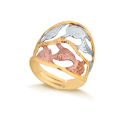 18K Gold Layered Oro Laminado Tri-Tone, Three Color, Filigree Leaves Design Adjustable Ring 81.0019  Split-Shank