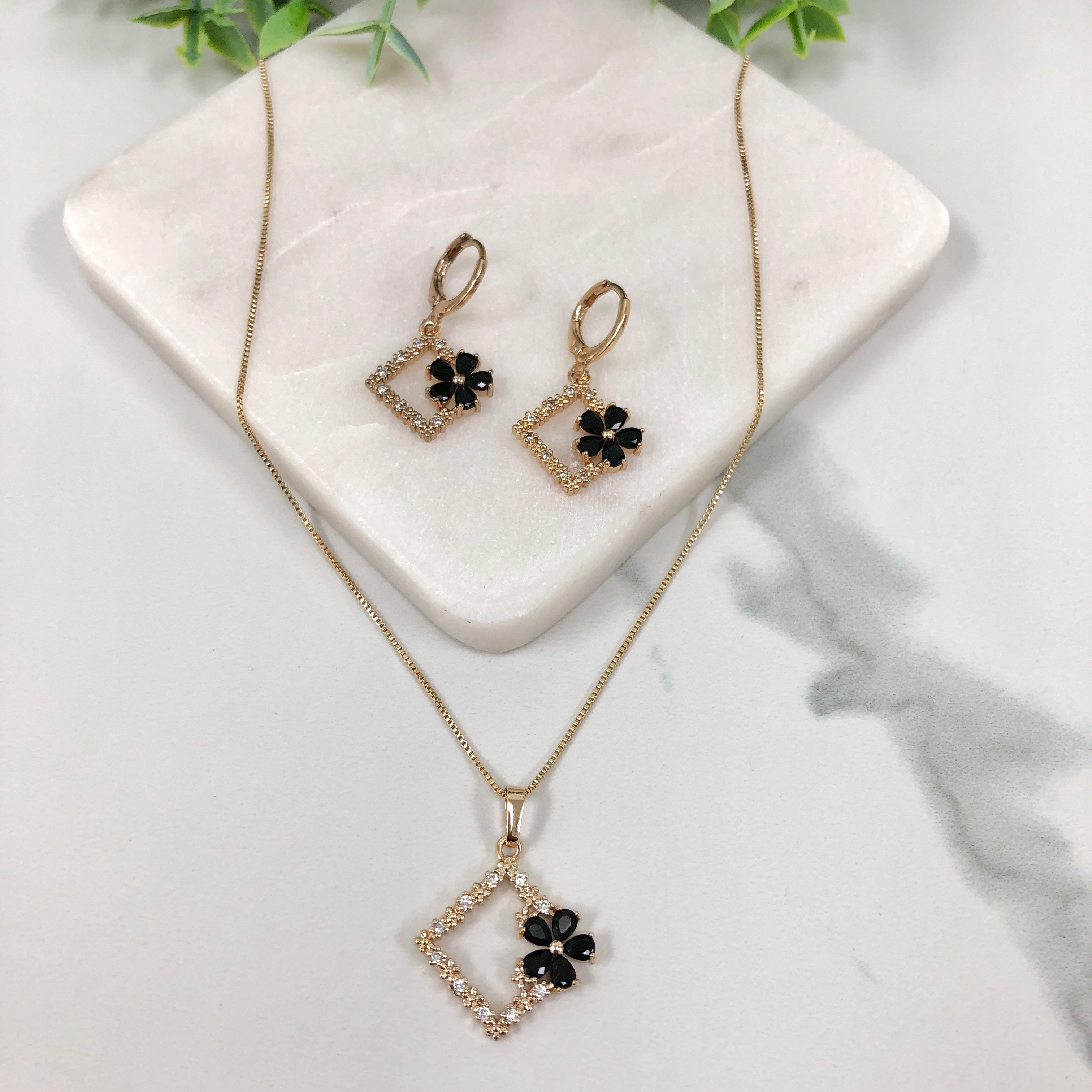 18K Gold Layered Oro Laminado Black & White Micro Cubic Zirconia Cutout Design Flower in Square Box Chain Necklace & Leverback Earrings Set 93.0235