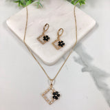 18K Gold Layered Oro Laminado Black & White Micro Cubic Zirconia Cutout Design Flower in Square Box Chain Necklace & Leverback Earrings Set 93.0235