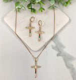 18K Gold Layered Oro Laminado Micro Cubic Zirconia Cutout Design Cross with Guadalupe In The Center Box Chain Necklace & Leverback Earrings Set 93.0297