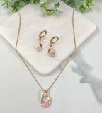 18K Gold Layered Oro Laminado Pink Micro Cubic Zirconia Cutout Design Flower Box Chain Necklace & Leverback Earrings Set 93.0325