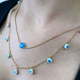 18K Gold Layered Oro Laminado with Blue Bead Evil Eye and Enamel Evil Eye Charms in Double Layered Necklace: 16 Inches Snake Chain and 17 Inches Figaro Chain. Code: 71.1082/17-16