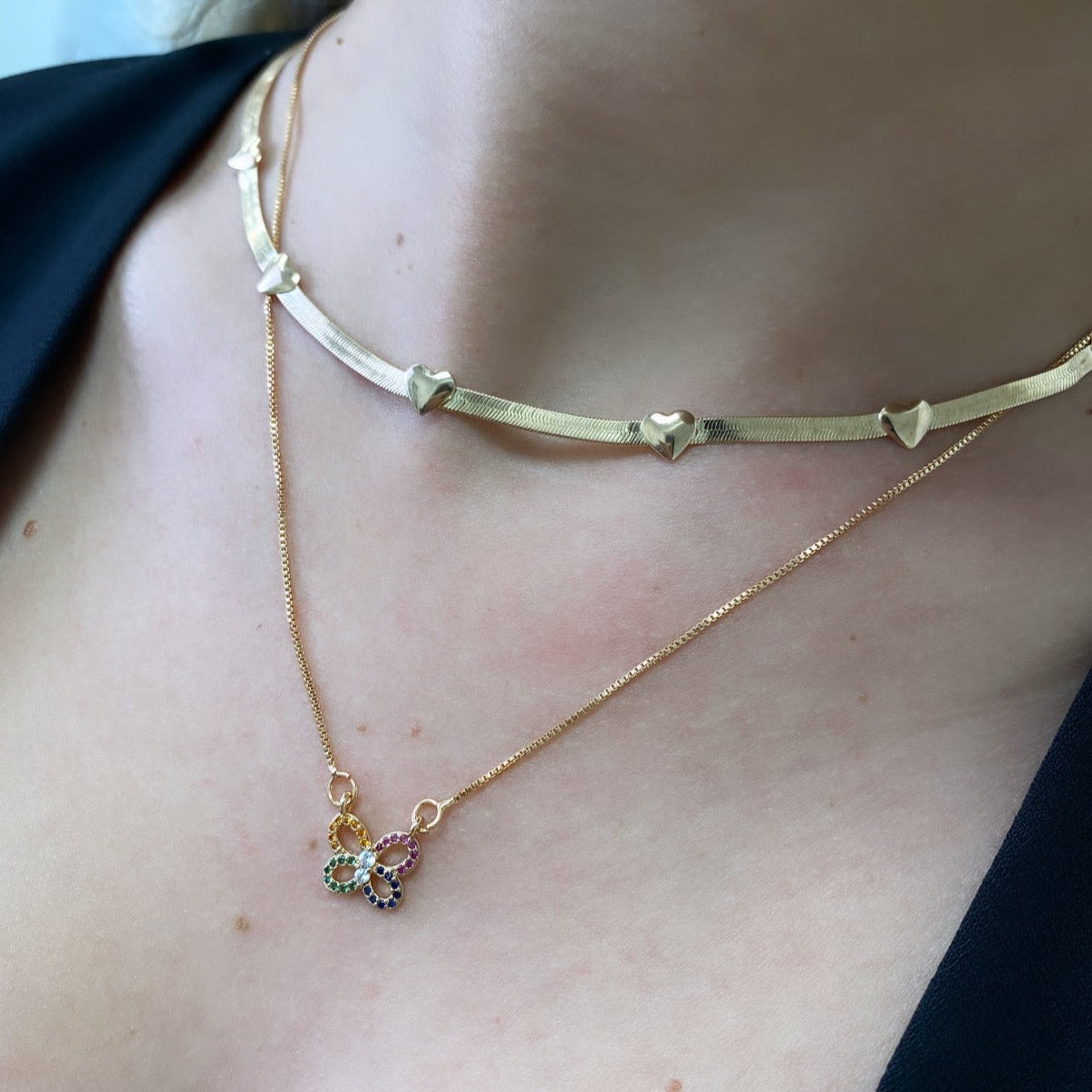 18K Gold Layered Oro Laminado Snake Herringbone Chain with Hearts Chain 72.0452-18
