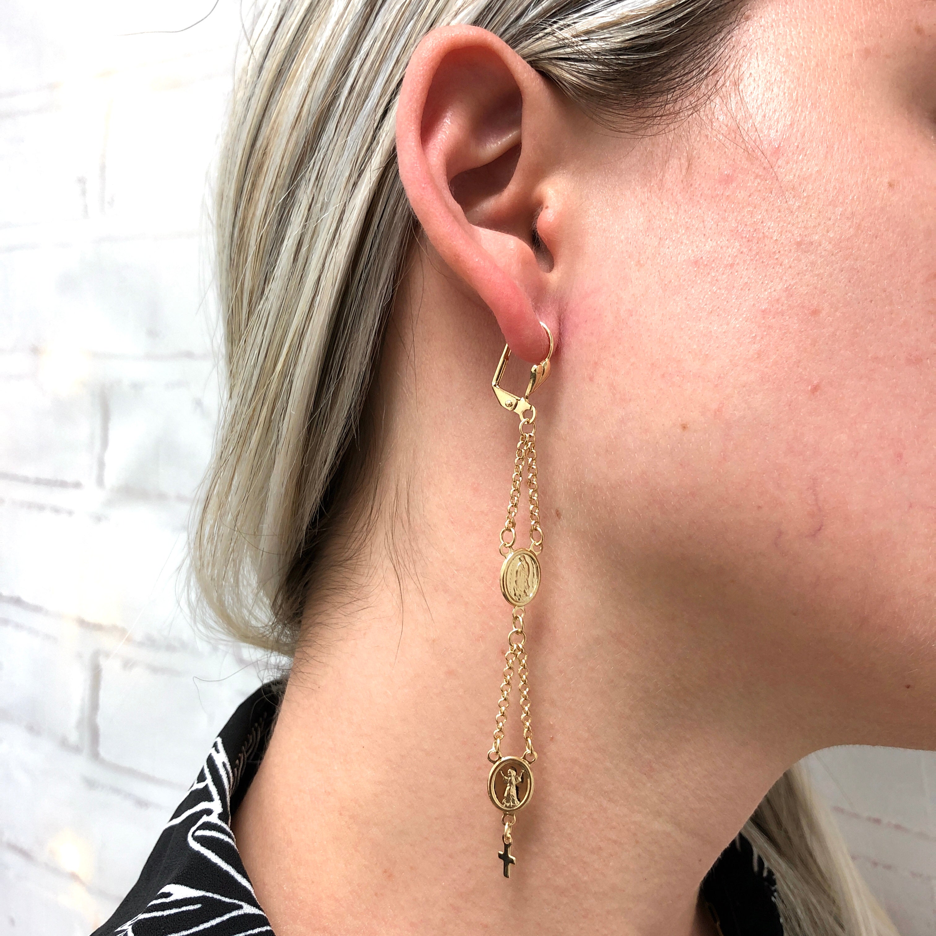 18K Gold Layered Oro Laminado Virgen de Guadalupe & Divino Nino Dangle Earrings 21.0006