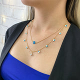 18K Gold Layered Oro Laminado with Blue Bead Evil Eye and Enamel Evil Eye Charms in Double Layered Necklace: 16 Inches Snake Chain and 17 Inches Figaro Chain. Code: 71.1082/17-16