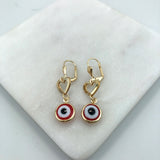 18K Gold Layered Cut Out Heart W Red Greek Eye Dangle Leverback Earrings 21.0448/10