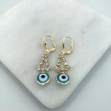 18K Gold Layered Clear CZ W Blue Greek Eye Dangle Leverback Earrings 21.0452/6