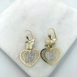 18K Gold Layered Butterfly Design W Two Tone Cut Out Heart 15th Earrings 21.0463