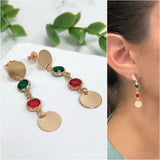 18K Gold-Layered Dangle Earrings with Circular Charms and Multi-Colored Cubic Zirconia