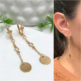 18K Gold-Layered French-back Dangle Earrings with Chain and Round Charms