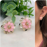 18K Gold-Layered Earrings with a Floral Design and Pink Accents