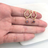 18K Gold Layered Huggies Earrings with Blue or Red Evil Eye Dangle Charm 21.0102/3/6