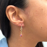 18K Gold Layered Huggies Earrings with Blue or Red Evil Eye Dangle Charm 21.0102/3/6