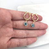 18K Gold Layered Huggies Earrings with Blue or Red Evil Eye Dangle Charm 21.0102/3/6