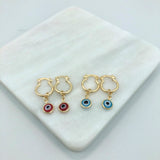 18K Gold Layered Huggies Earrings with Blue or Red Evil Eye Dangle Charm 21.0102/3/6