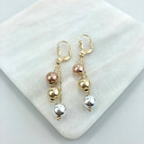 18K Gold Layered Tri-Tone Stud Ball Dangle Earrings 21.0177