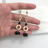 18K Gold Layered Black Rhinestone Dangle Earrings 21.0190/2