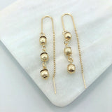 18K Gold Layered Texturized Three Stud Balls Drop Threader Earrings 21.0208